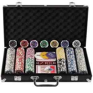 Display4top 300 Piece Texas Holdem Poker Chips Set with Aluminum Case ,2 Decks of Cards, Dealer, Small Blind, Big Blind Buttons and 5 Dice (300 Piece Chips)