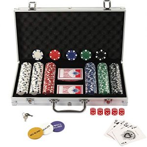 Display4top Texas Holdem Poker Chips Set with Aluminum Case ,2 Decks of Cards, Dealer, Small Blind, Big Blind Buttons and 5 Dice (Silver/300pcs)